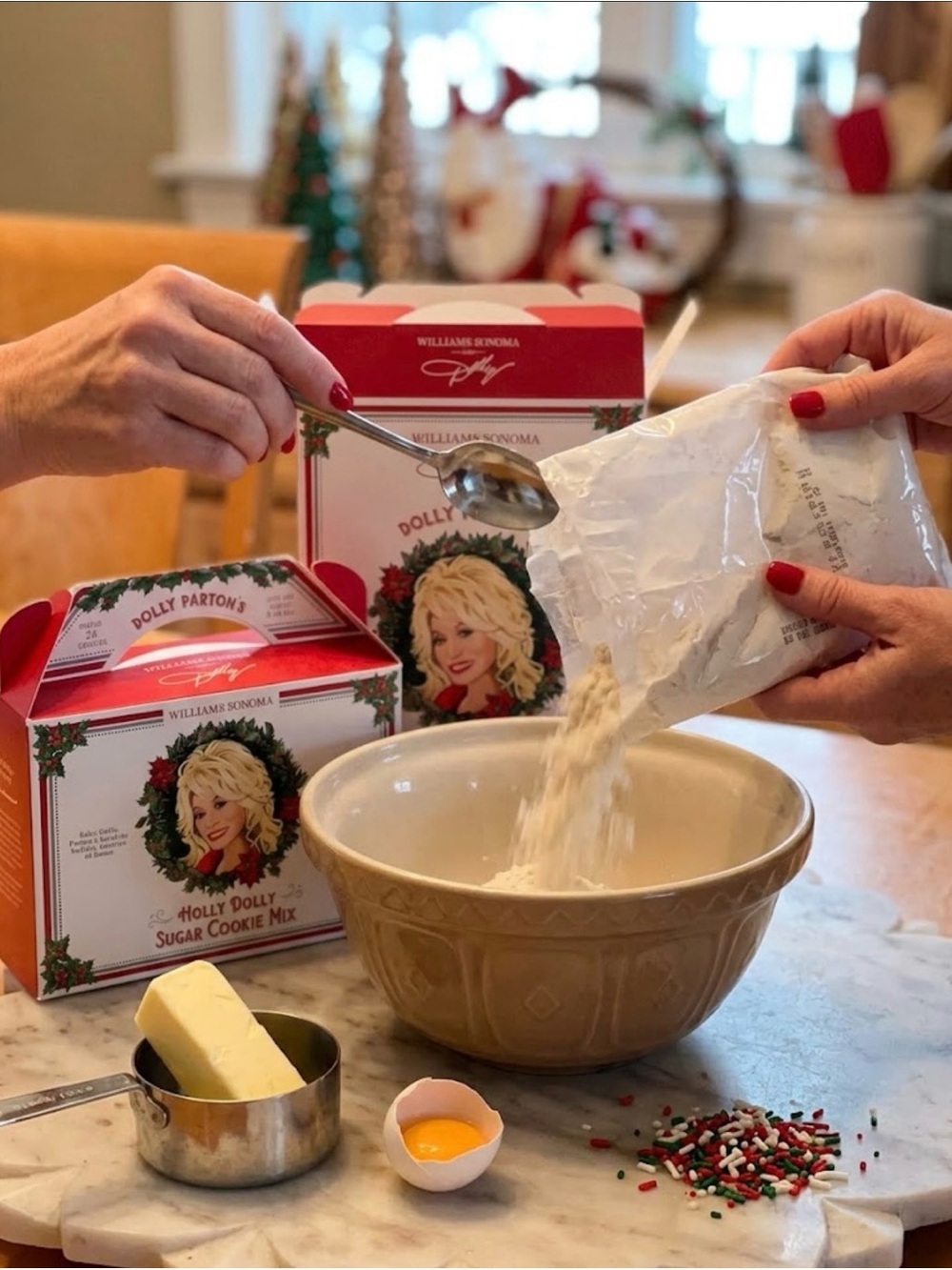 Williams Sonoma Holiday Sugar Cookie Mix with Red Gift Box and Cream Mixing Bowl